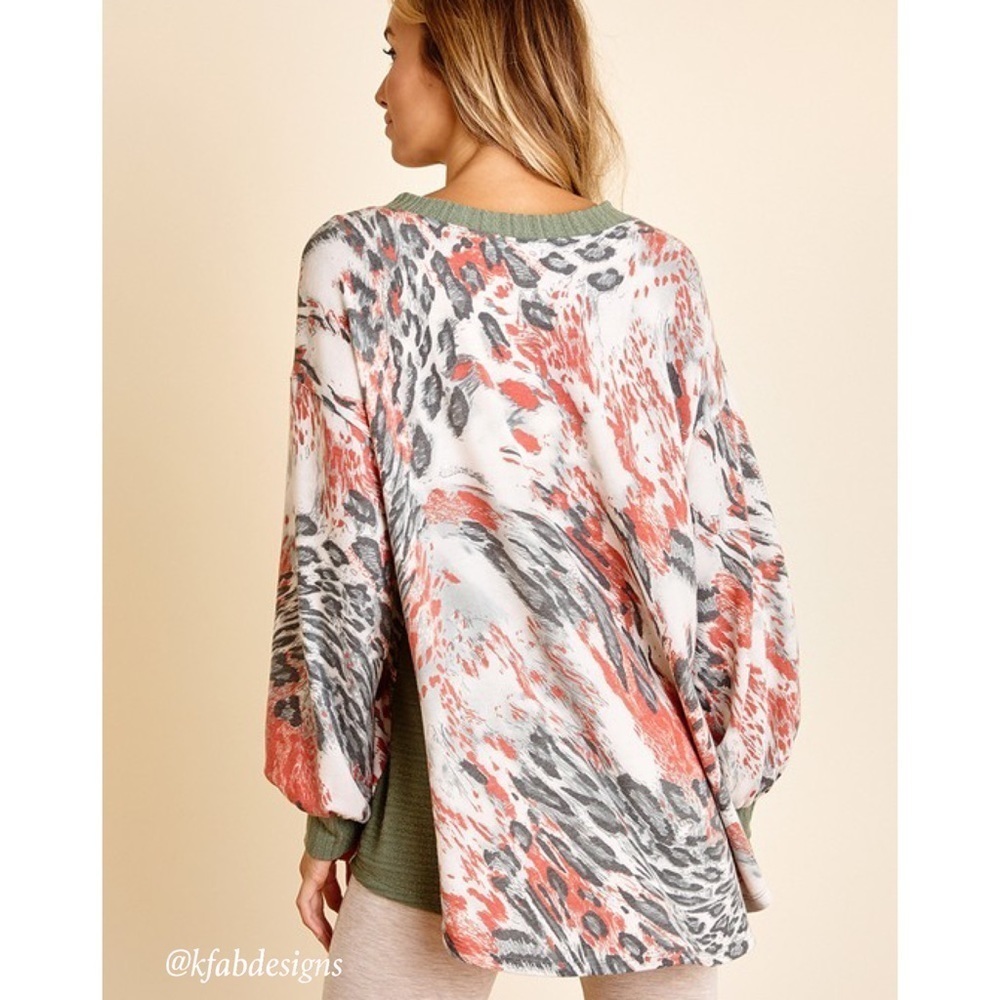 RESTOCK! CES FEMME V Neck Contrast Detail Olive/Rust  Printed Soft Knit Top! - Picture 6 of 7